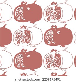 Patrón sin foco con una linda fruta granada sobre fondo blanco. Adorable ilustración vectorial de frutas de verano. Diseño de papel pintado, tela, decoración, textil.