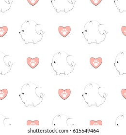 Seamless Pattern With Cute Pomeranian Dogs And Hearts With Paw Prints. Vector Animal Background.