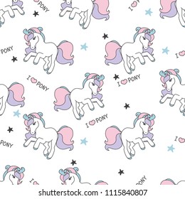 Seamless pattern with cute ponies, stars, hearts. Children's pattern.