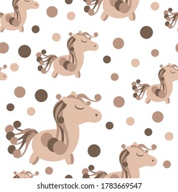 Seamless pattern with Cute pony horse. Chocolate mane and tail. Vector background for children's fabric, Wallpaper, and other surfaces