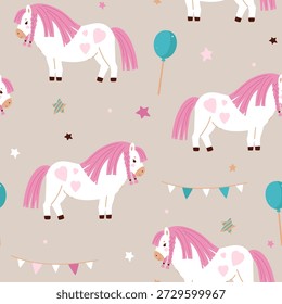 Patrón sin fisuras con lindo caballo de pony, estrellas, guirnaldas y globos. Textura de pony de Vector infantil