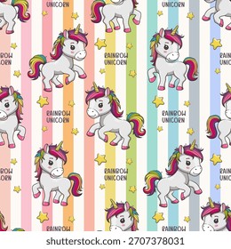 Unimilho De Pônei Bonito Padrão Sem Costura Com Estrelas No Fundo Arco-Íris. Ilustração de desenho animado de vetor