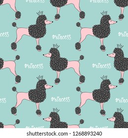 Seamless pattern with cute poodle dog. Vector princess background.