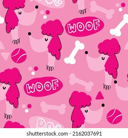 Seamless pattern with cute poodle dog. Vector pink dog background.