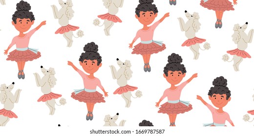 Nahtloses Muster mit süßen Poodle-Hunden in süßen Ballettröcken, die mit Girl Ballerina mit dunklem Haar tanzen, auf Weiß. Vektorillustration Cartoon Balletttanzmuster. Kinderdesign, Plakate, Kindergartendekoration, Stoffdruck