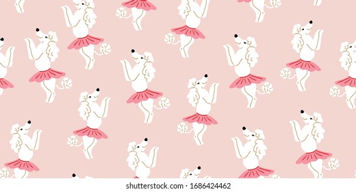 Seamless pattern with cute poodle dogs in cute ballet skirts dancing on pink. Vector cartoon ballet dance pattern. Kids design, posters, nursery decor, textile