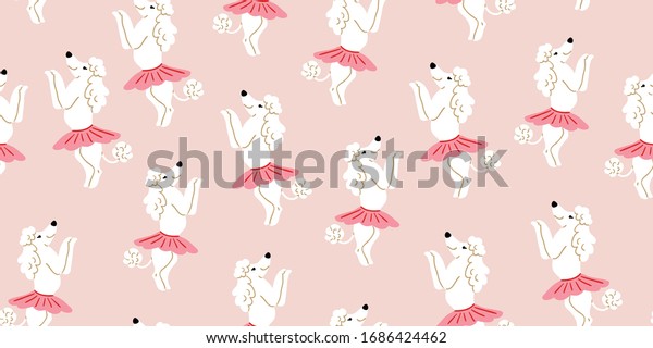 Seamless pattern with cute poodle\
dogs in cute ballet skirts dancing on pink. Vector cartoon ballet\
dance pattern. Kids design, posters, nursery decor,\
textile