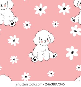 Seamless pattern cute poodle puppy and flowers, vector illustration kids trend print textile design
