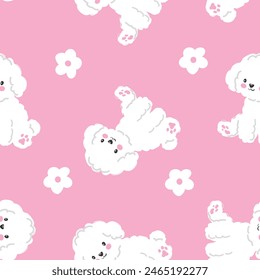 Seamless pattern cute poodle puppy and flowers pink background, vector illustration kids trend print textile design