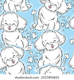 Padrão sem emenda cachorrinho bonito poodle e flores, ilustração vetorial crianças tendência imprimir design têxtil