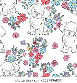 Seamless pattern cute poodle puppy and flowers, vector illustration kids trend print textile design