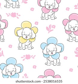 Padrão sem emenda cachorrinho bonito poodle e flores, ilustração vetorial crianças tendência imprimir design têxtil