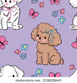 Padrão sem emenda cachorrinho de poodle bonito, ilustração vetorial crianças tendência imprimir design têxtil