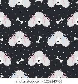 Seamless pattern with cute poodles with bones and polka dots on black background.