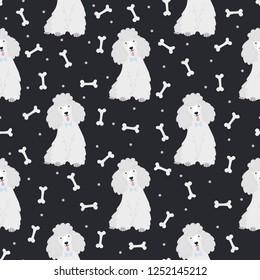 Seamless pattern with cute poodles with bones on black background.