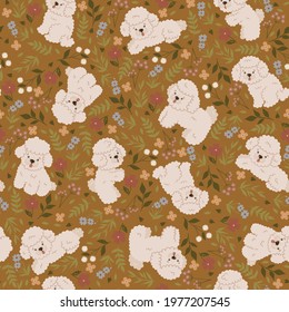 Seamless pattern with cute poodles and flowers. Vector graphics.