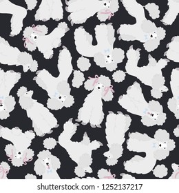 Seamless pattern with cute poodles on black background.