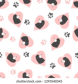 Seamless pattern with cute poodles and pink hearts. Vector background with dogs.