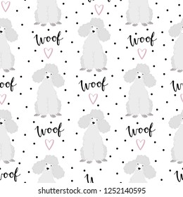 Seamless pattern with cute poodles with polka dot and text woof on white background.