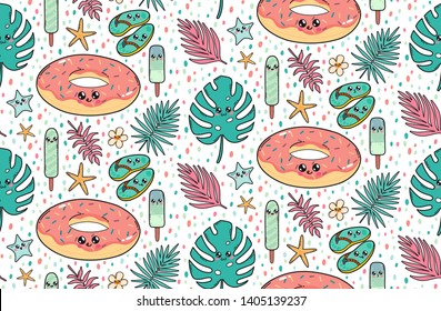 Seamless pattern with cute pool float donut, slates, ice creams, and tropical leaves in Japan kawaii style. Happy cartoon characters with funny faces illustration.