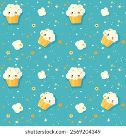 Seamless pattern of cute popcorn characters in yellow cups on a blue background.