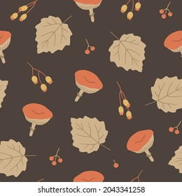 Seamless pattern with cute poplar leaves, mushrooms, berries. Vector illustration on brown background. Red, orange, beige colors. Fashion print for fabric, package, wrapping, cover, wall art, etc.