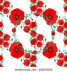Seamless pattern with cute poppy flowers on a white background. Vector illustration.