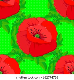 Seamless pattern with cute poppy flowers on a green background. Vector illustration.