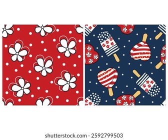 seamless pattern of cute popsicle with dots, cute flowers, sweet summer