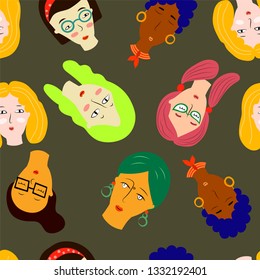 Seamless pattern with cute portraits of young women. Cute female faces. Cute vector design for childrens textiles, wallpapers, designer paper.