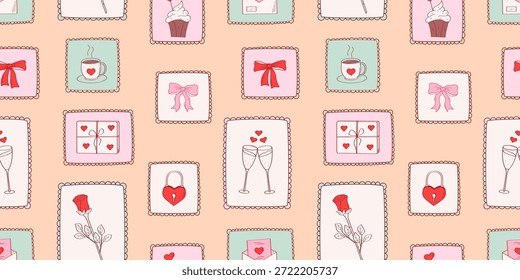 Selos de postagem bonitos de padrão contínuo para o Dia dos Namorados. Ilustração vetorial de desenhos animados rabiscar elementos de amor. Fundo da saudação.