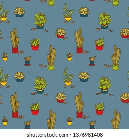 Seamless pattern with cute potted plants on blue background, vector illustration