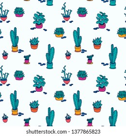 Seamless pattern with cute potted plants on white background, vector illustration