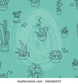 seamless pattern of cute potted plants, funny cartoon icons, vector illustration