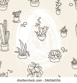 seamless pattern of cute potted plants, funny cartoon icons, vector illustration