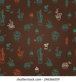 seamless pattern of cute potted plants, funny cartoon icons, vector illustration