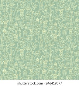 seamless pattern of cute potted plants with funny cartoon faces, vector illustration