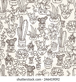 seamless pattern of cute potted plants with funny cartoon faces, vector illustration