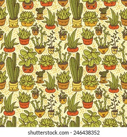 seamless pattern of cute potted plants with funny cartoon faces, vector illustration