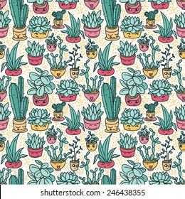 seamless pattern of cute potted plants with funny cartoon faces, vector illustration