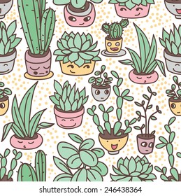 seamless pattern of cute potted plants with funny cartoon faces, vector illustration
