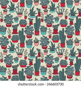 seamless pattern of cute potted plants, funny cartoon icons, vector illustration