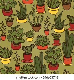 seamless pattern of cute potted plants, funny cartoon icons, vector illustration