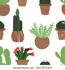 Seamless pattern with cute potted plants growing in brown pots. Hand drawn vector illustration in flat style. Wrapping paper, wallpaper, repeatable texture, cloth pattern. House plant, floral design