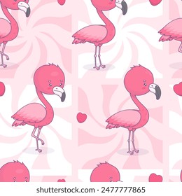 Seamless pattern with cute power pink flamingo. Funny cartoon kawaii bird character. Vector illustration