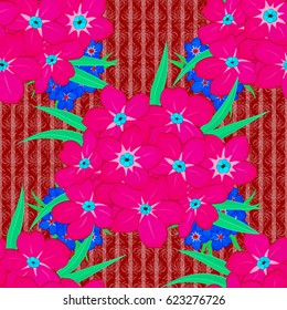 Seamless pattern with cute primrose flowers on a red background. Spring vintage floral background. Beautiful vector texture.