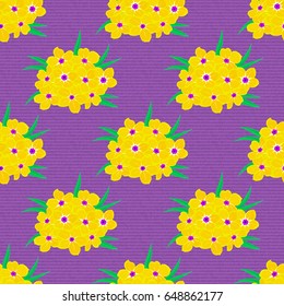 Seamless pattern with cute primrose flowers on a violet background. Spring vintage floral background. Beautiful vector texture.
