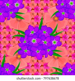 Seamless pattern with cute primula flowers in magenta, pink and violet colors. Spring vintage floral background. Beautiful vector texture.