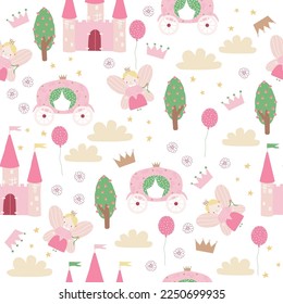Seamless pattern with cute princess, castle and carriage. Funny fairy kingdom. Vector hand drawn illustration.