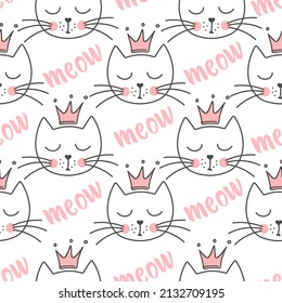 Patrón sin foco con gatos princesas lindos. Patrón maullido. Animales de dibujos animados de fondo. Gatito de Doodle. Ideal para tejidos, papel pintado, papel de envoltura, textiles, ropa de cama, estampado de camisetas.